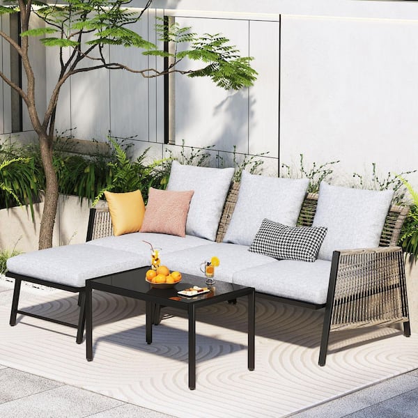 Grey 3-Piece Wicker Outdoor Sectional Set with Light Grey Cushions