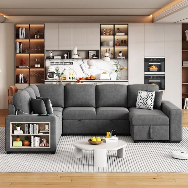 109 in. W Square Arm Chenille Fabric U-Shape Sectional Sofa in Gray with Storage Chaise Lounge, Side Shelves, USB Ports
