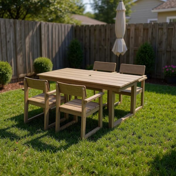 Wood 5-Piece HDPE Outdoor Dining Set Rectangular Table with Umbrella Hole and 4 Armrest Chairs