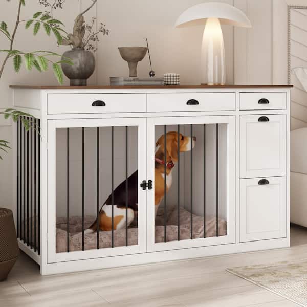 WIAWG Wooden Heavy Duty Dog Kennels Crate, Decorative Large Dog House Furniture Dog Cage with 5-Drawers, White