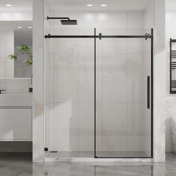 60 in. W x 72 in. H Sliding Frameless Shower Door in Matte Black with Clear Glass with Stainless Steel Hardware