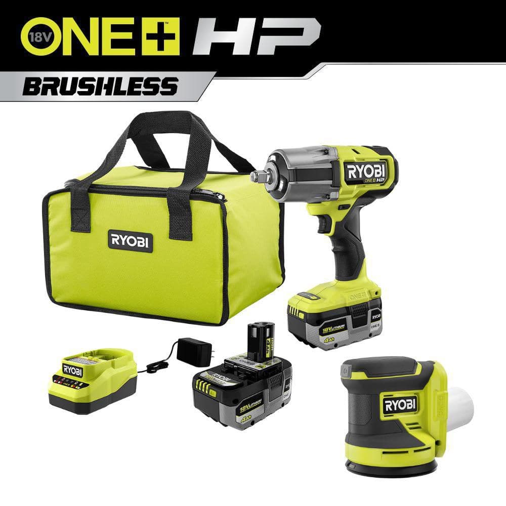 ONE+ HP 18V Brushless Cordless 1/2 in. High Torque Impact Wrench Kit w/ (2) 4.0 Ah Batteries, Charger, & Sander -  RYOBI, PBLIW01PCL406