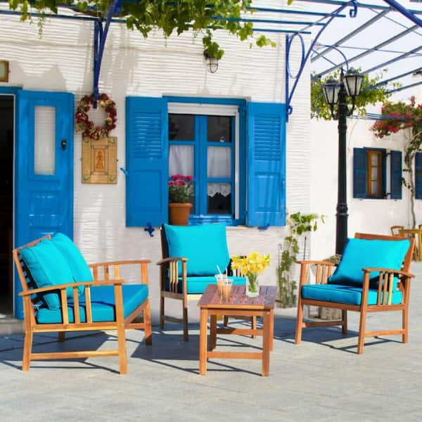 4-Piece Acacia Wood Patio Conversation Set Outdoor Sofa Chair Set with Turquoise Cushions