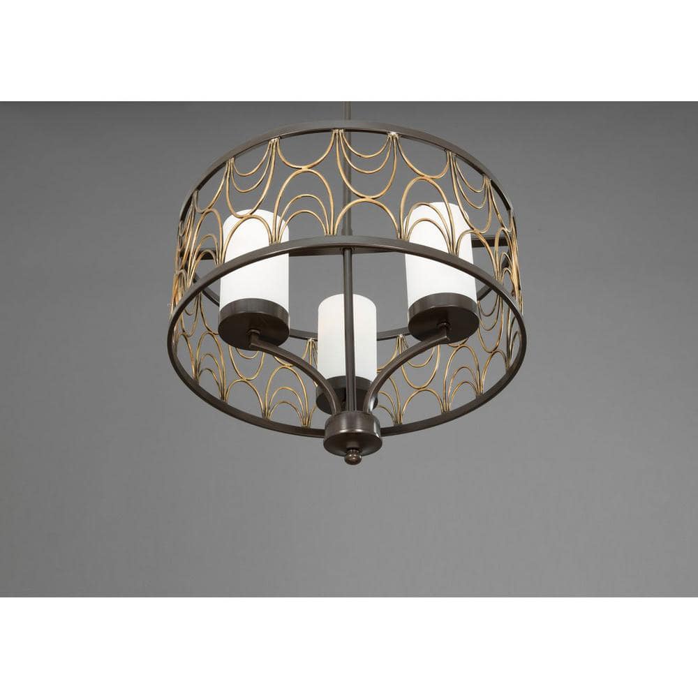 Antique Bronze Drum Chandelier with Etched White Glass