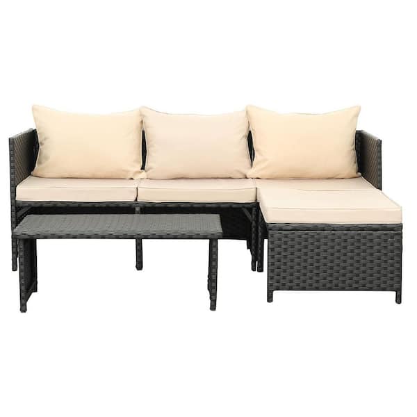3-Piece Black PE Rattan Patio Furniture Set-Stylish Outdoor Loveseat&Sectional Couch with Khaki Cushion for Conversation