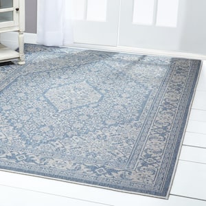 Patio Country Dahlia Blue/Gray 5 ft. x 7 ft. Medallion Indoor/Outdoor Area Rug