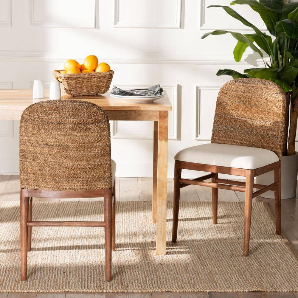 Nadim Natural Seagrass and Acacia Wood Upholstered Side Chair Set
