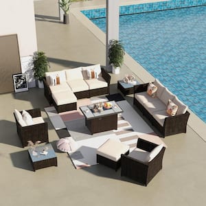 Rimaru 12-Piece Wicker Outdoor Patio Fire Pit Conversation Seating Set with Beige Cushions