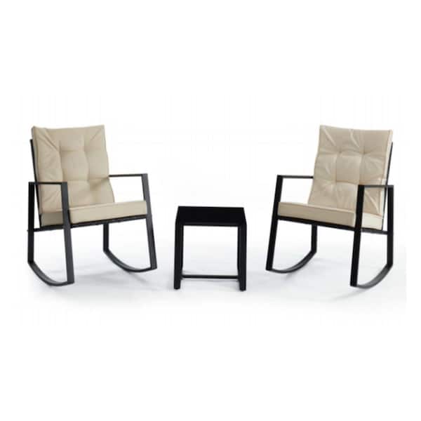 Zeus & Ruta 3-Piece Black Metal Outdoor Bistro Table with Beige Cushions and 2 Arm Chairs for Backyard, Poolside, Garden