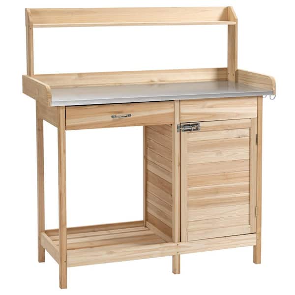 Outsunny 17.75 in. W x 49.25 in. H Natural Wood Potting Bench Table with Storage Cabinet
