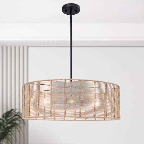LNC Farmhouse 5-Light Matte Black Chandelier Drum Rattan Chandelier Rustic Island Round High Ceiling Light for Kitchen