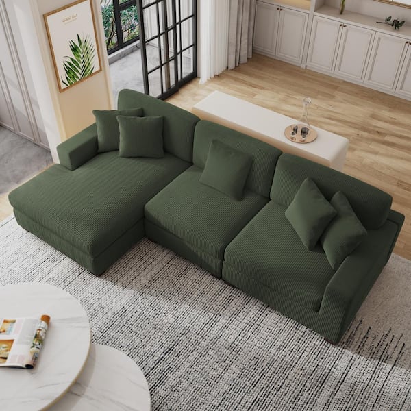 118 in. Square Arm 3-Piece Corduroy Upholstered L-Shaped Sectional Sofa in. Green with Pillows