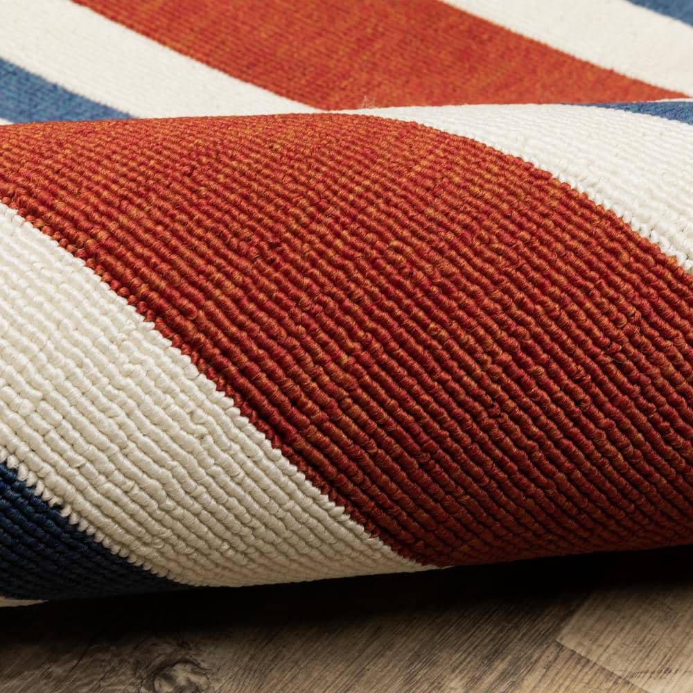 Red and White Striped Polypropylene Outdoor Rug, 7'10" x 10'10"