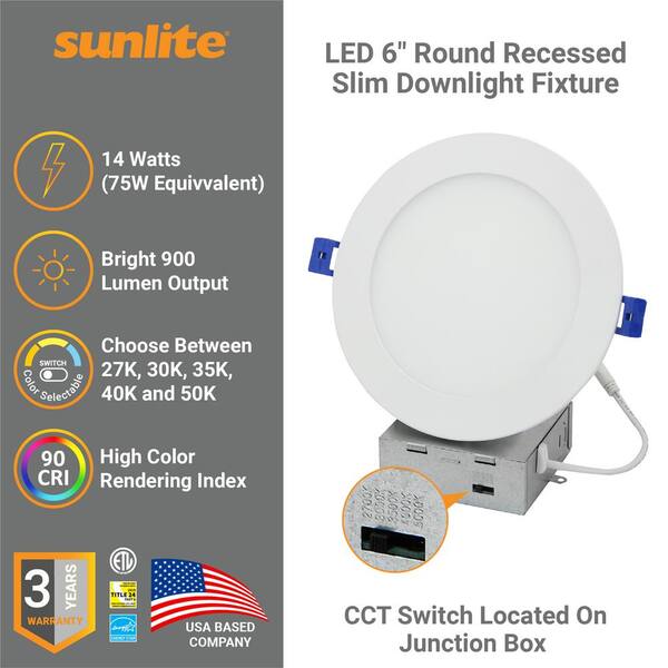 6 LED Slim Downlight - 14W=75W Replacement - Dimmable - Damp Rated.