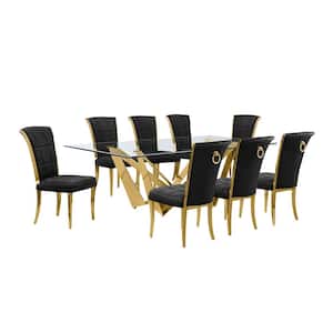 Meryl 9-Piece Rectangular Glass Top Gold Stainless Steel Base Dining Set 8 Black Velvet Gold Chrome Leg Chairs