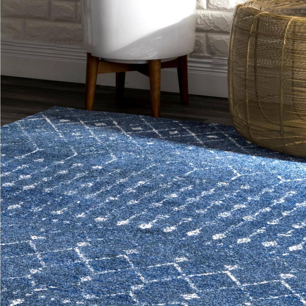 Dark Blue Trellis Synthetic Reversible Runner Rug