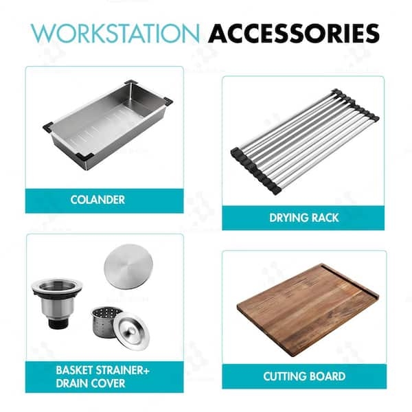 Akicon AK-WS321909R10 304 Stainless Steel 32 in. Single Bowl Undermount Workstation Kitchen Sink with Grid Board Colander Drying Rack