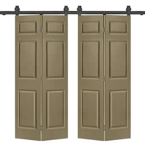 48 in. x 80 in. 6-Panel Olive Green Painted MDF Composite Double Bi-Fold Barn Door with Sliding Hardware Kit