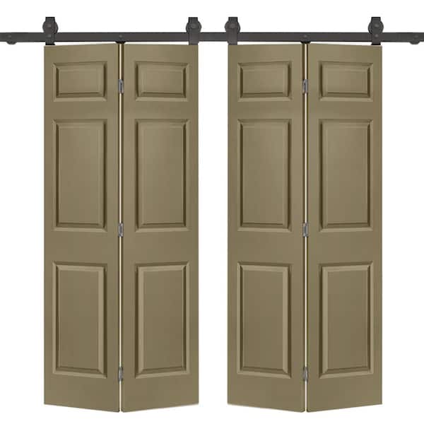 CALHOME 48 in. x 80 in. 6-Panel Olive Green Painted MDF Composite Double Bi-Fold Barn Door with Sliding Hardware Kit