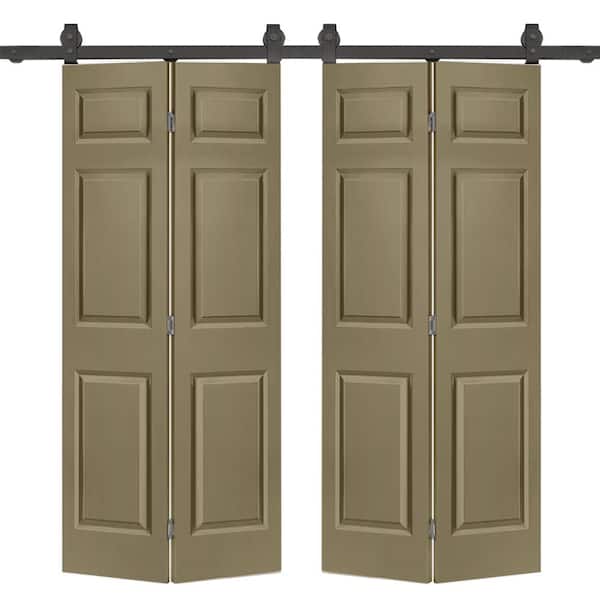 72 in. x 84 in. Hollow Core 6 Panel Olive Green Painted MDF Composite Double Bi-Fold Barn Door with Sliding Hardware Kit