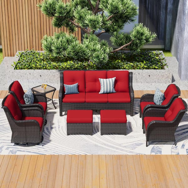 JOYSIDE 8-Piece Wicker Outdoor Patio Conversation Set with Red Cushions and Swivel Rocking Chairs