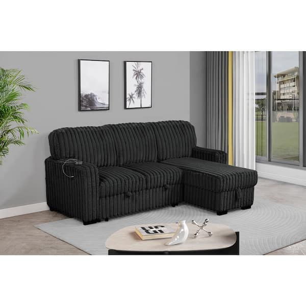 Clary 59 in. W Straight Arm 2-Piece Corduroy Fabric L Shape Reversible Sectional Sofa in Black Color