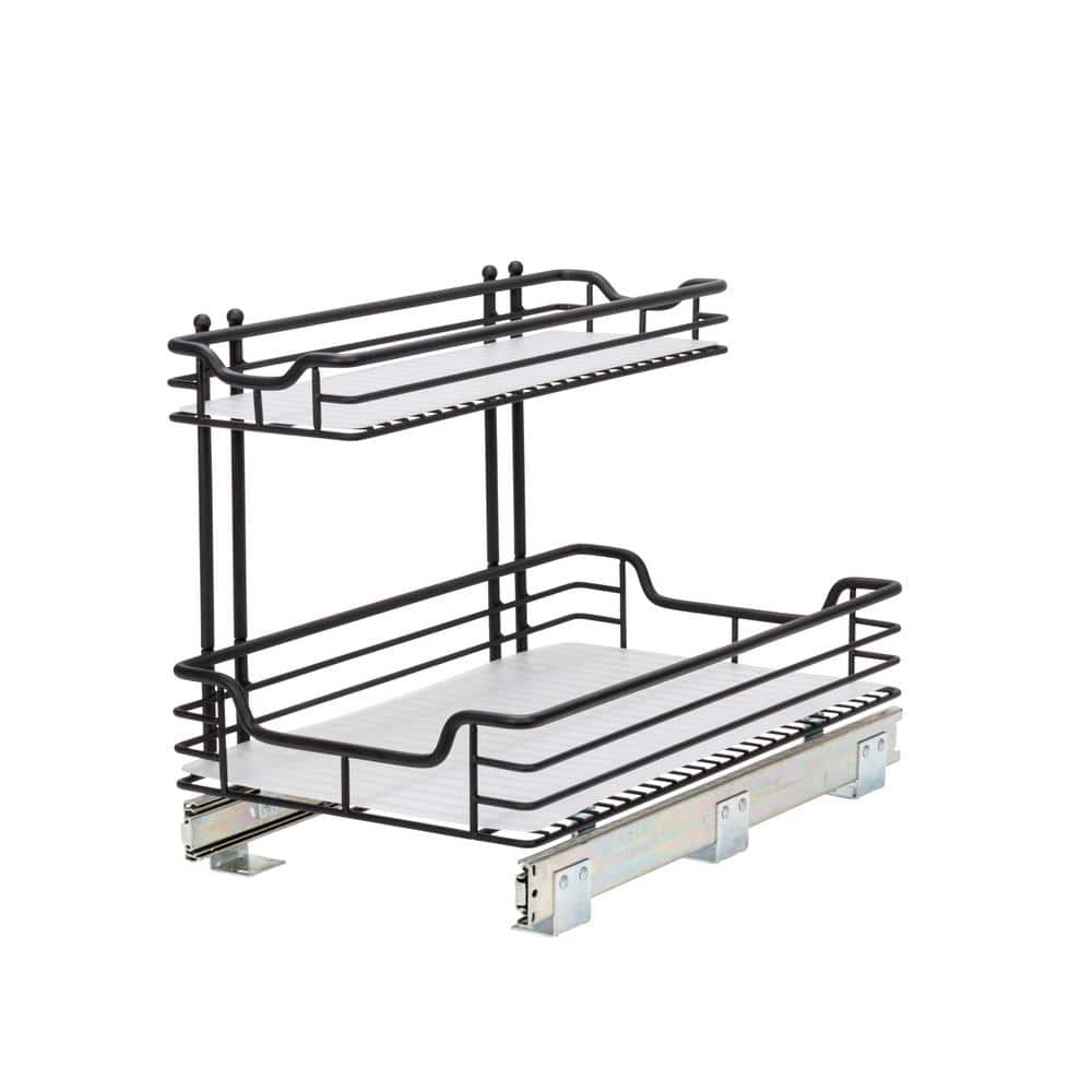 Black Steel 2-Tier Under Sink Storage Organizer with Plastic Liners