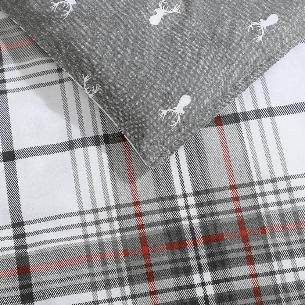 Queen Gray and Red Plaid Cotton Duvet Cover Set