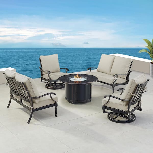 Black 5-Piece Aluminum Patio Fire Pit Set with Light Grey Cushions
