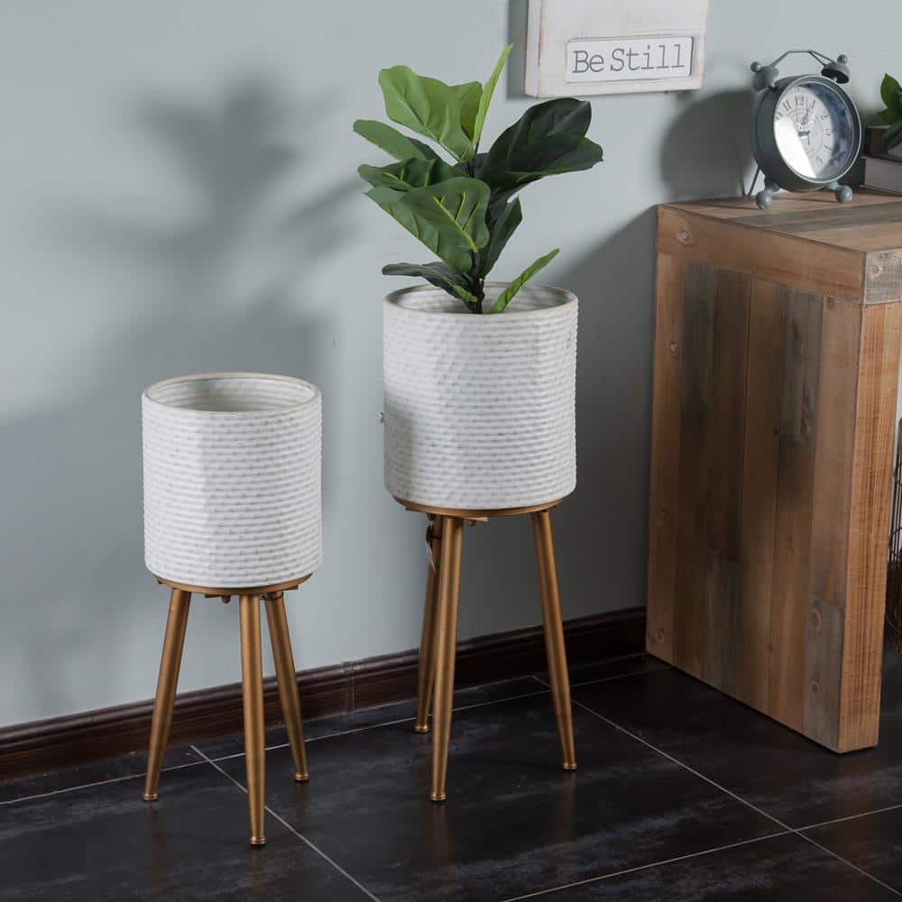 Distressed White and Bronze Dimpled Metal Planter Set with Tripod Stand