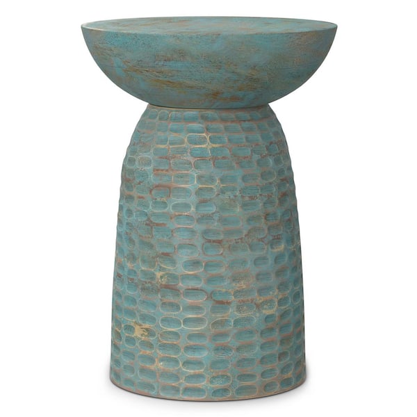 Simpli Home Boyd 13 in. W. Teal Wash Round Wooden Accent Table