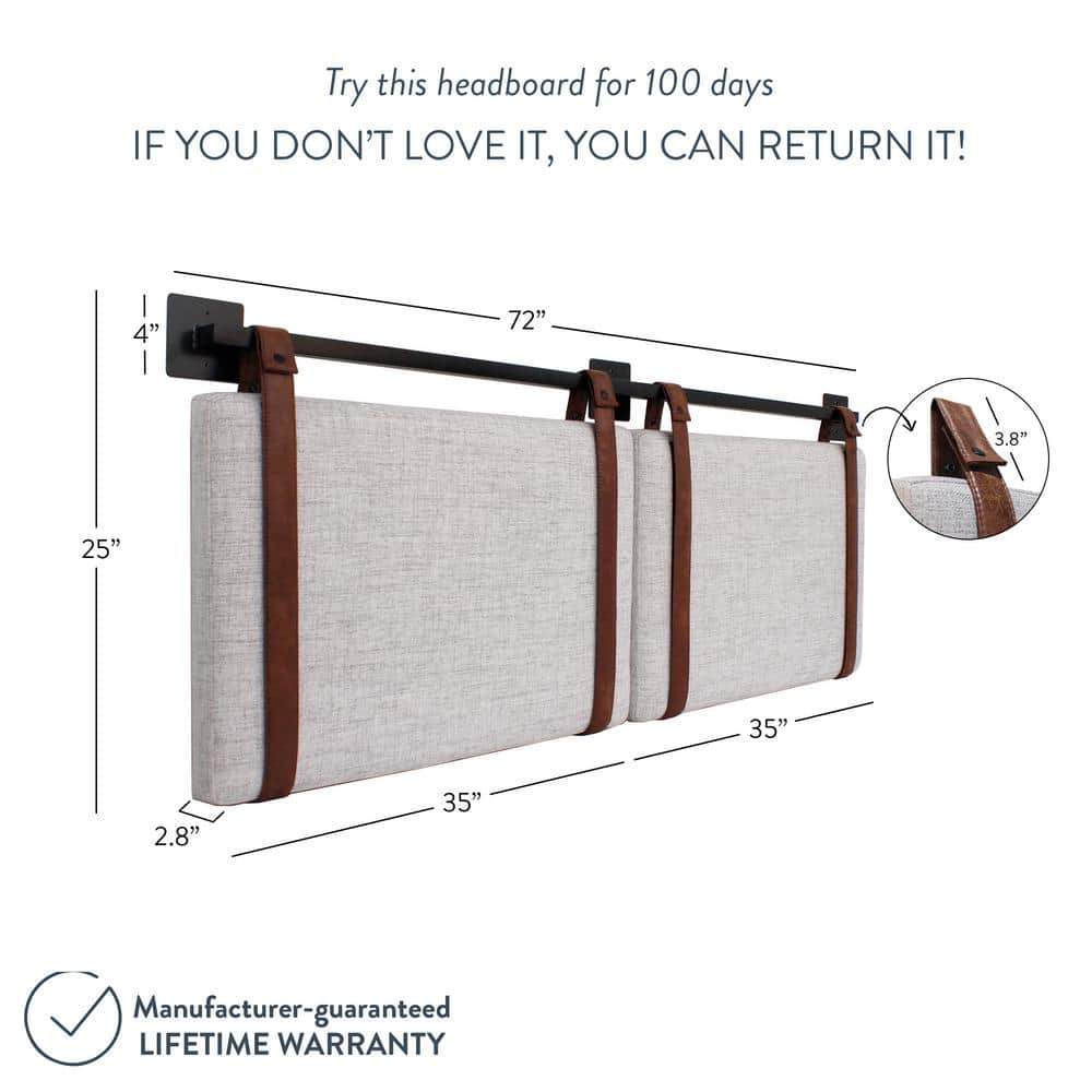 Gray Upholstered King Wall Mount Headboard with Leather Straps