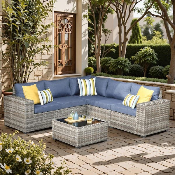 Baldwin Gray 6-Piece Wicker Wide Arm Outdoor Patio Conversation Sofa Sectional Seating Set with Denim Blue Cushions