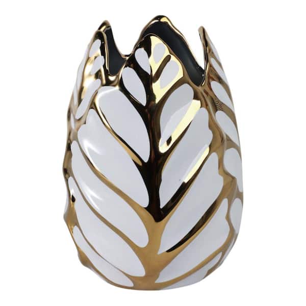 Liv & Skye 8 in. White Ceramic Leaf with Gold Accent Decorative Vase