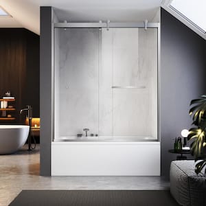 UKD08 60 in. W x 66 in. H Double Sliding Semi-Frameless Bathtub Door in Brushed Nickel with EnduroShield Clear Glass