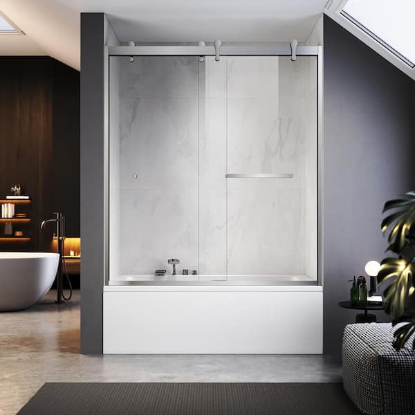 UNIKOO UKD08 60 in. W x 66 in. H Double Sliding Semi-Frameless Bathtub Door in Brushed Nickel with EnduroShield Clear Glass