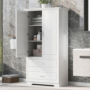 32 in. W x 15 in. D x 63.2 in. H White MDF Linen Cabinet with 2-Doors and Drawers, Adjustable Shelf