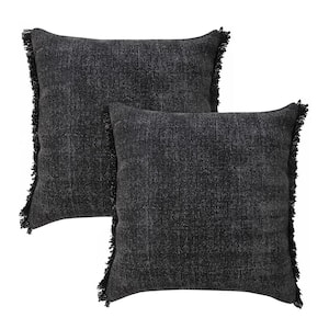 Nina Black / White Solid Color Fringed Stonewashed 20 in. x 20 in. Indoor Throw Pillow (Set of 2)