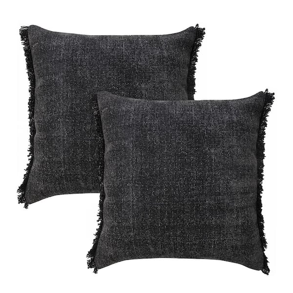 LR Home Nina Black/White Solid Color Fringed Stonewashed 20 in. x 20 in. Throw Pillow Set of 2