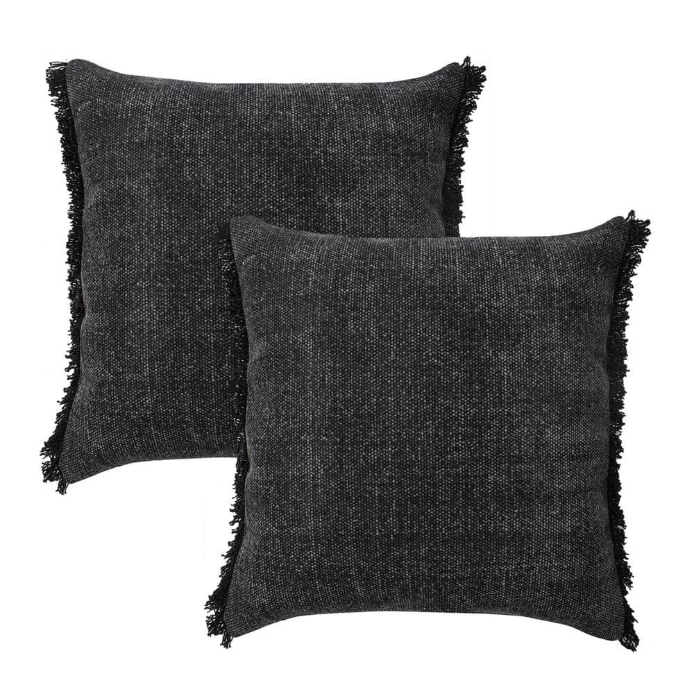 Nina Black / White Solid Color Fringed Stonewashed 20 in. x 20 in. Indoor T