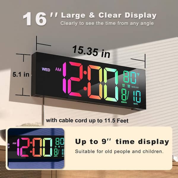 JDL LED CLOCK② 15.35 in. Black Rectangular Digital Plastic Wall Clock, Dual Alarm