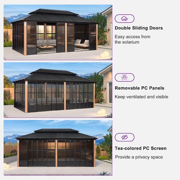 12ft. x 20ft. Wood Grain Column Sunroom Hardtop Gazebo Solarium Galvanized Steel Double Roof Patio Aluminum Screen House