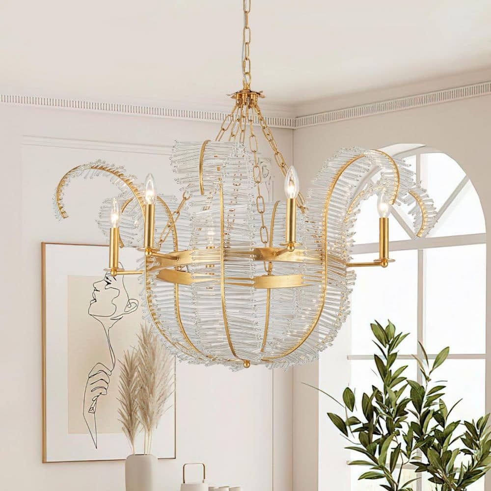 HUOKU Cristal 6-Light 35.4 in. W Gold Leaf Mid-Century Vintage