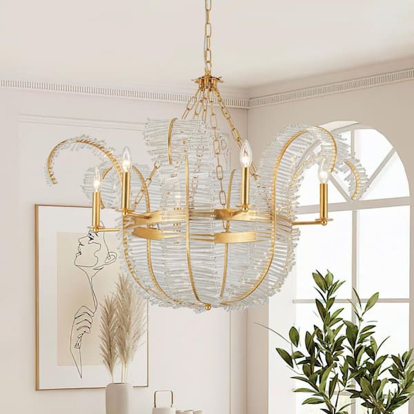 HUOKU Cristal 6-Light 35.4 in. W Gold Leaf Mid-Century Vintage