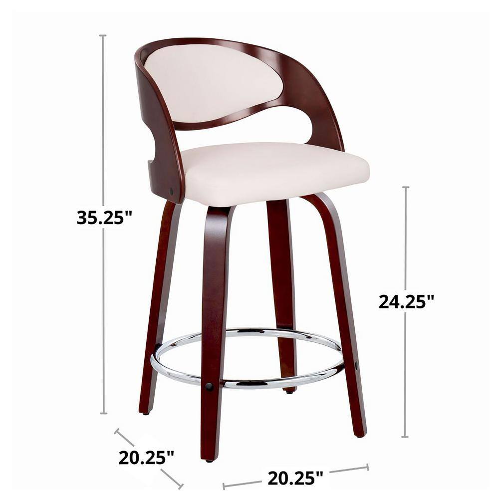 White Faux Leather and Cherry Wood Swivel Counter Stool