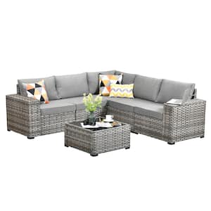 Tahoe Gray 6-Piece Wicker Extra-Wide Arm Outdoor Patio Conversation Sofa Set with Gray Cushions