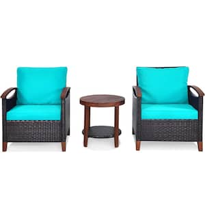3-Piece Wicker Rattan Patio Conversation Set Outdoor Furniture Set with Turquoise Cushion