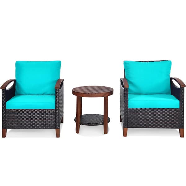 Gymax 3-Piece Wicker Rattan Patio Conversation Set Outdoor Furniture Set with Turquoise Cushion