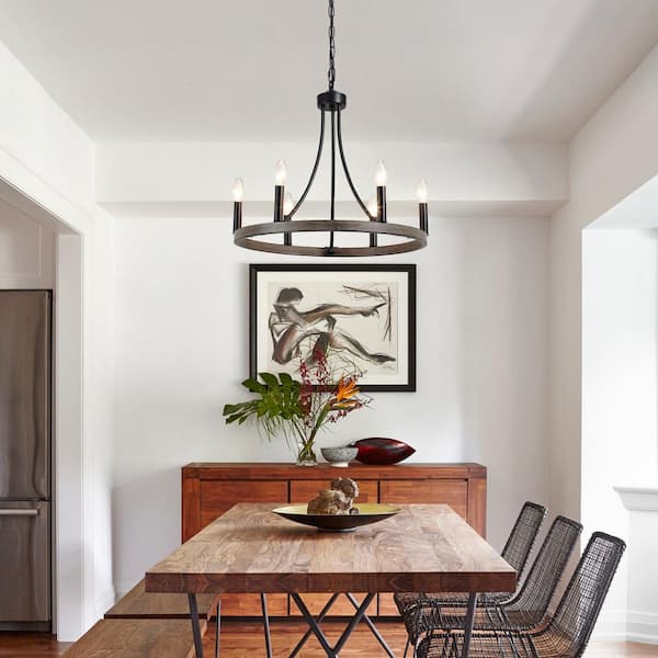 6-Light Farmhouse Black and Imitation Wood Grain Candlestick Circle Wagon Wheel Chandelier Lighting for Kitchen Island