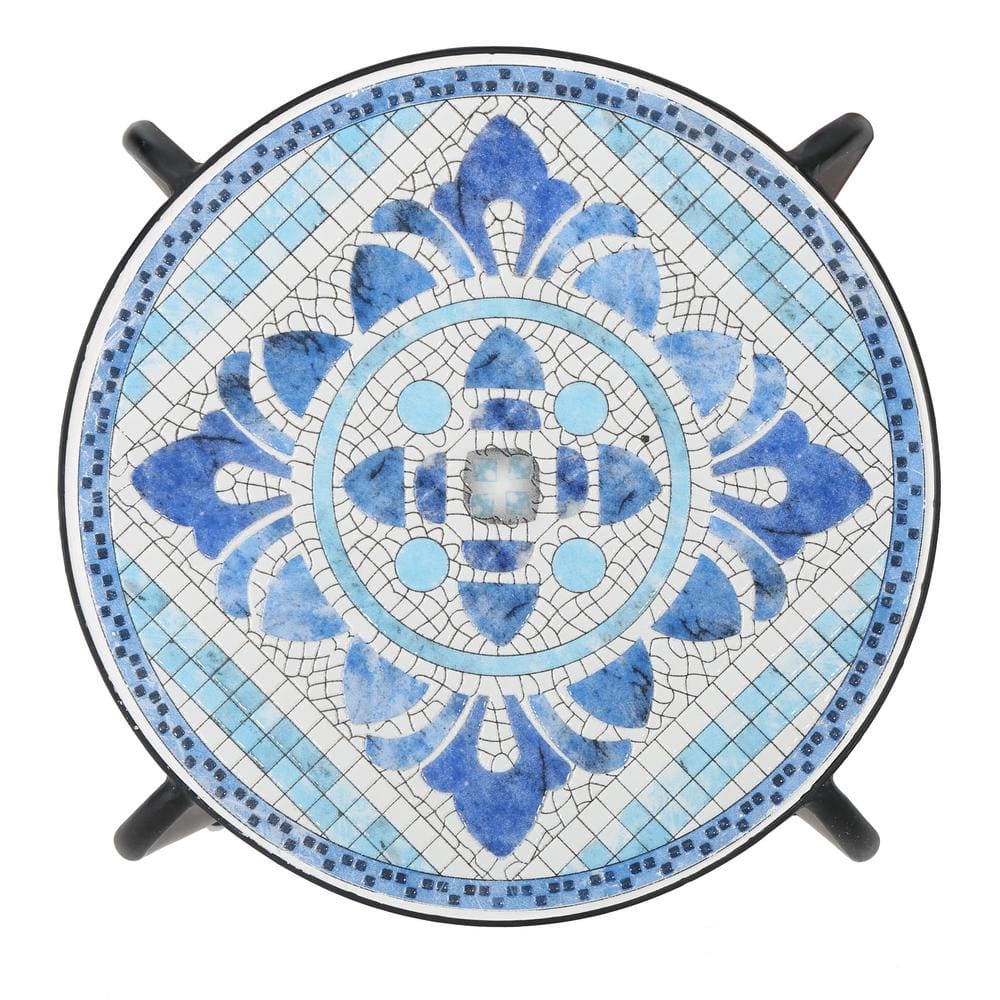Blue and White Ceramic Tile Outdoor Side Table with Black Iron Frame